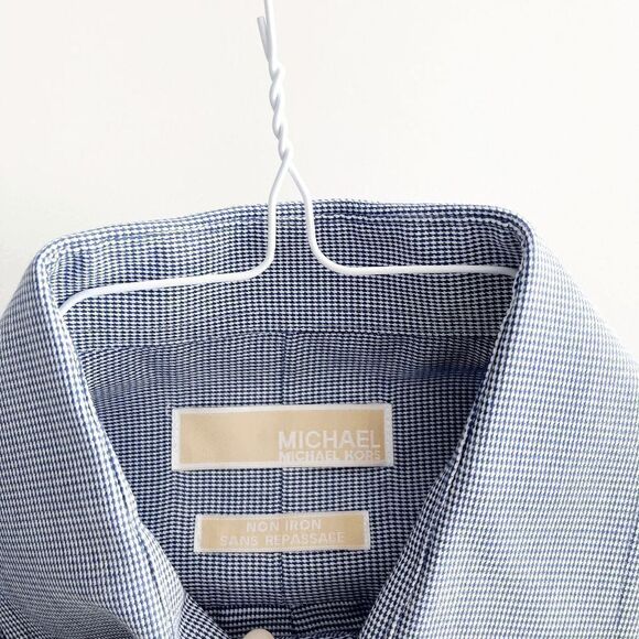 Michael Kors Mens Non Iron Shirt Button Long Sleeve Houndstooth Blue 16 Neck - Picture 4 of 8